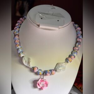 Handmade Blue and Pink Floral Beaded Necklace with Pink Rose Pendant 16.5 inches